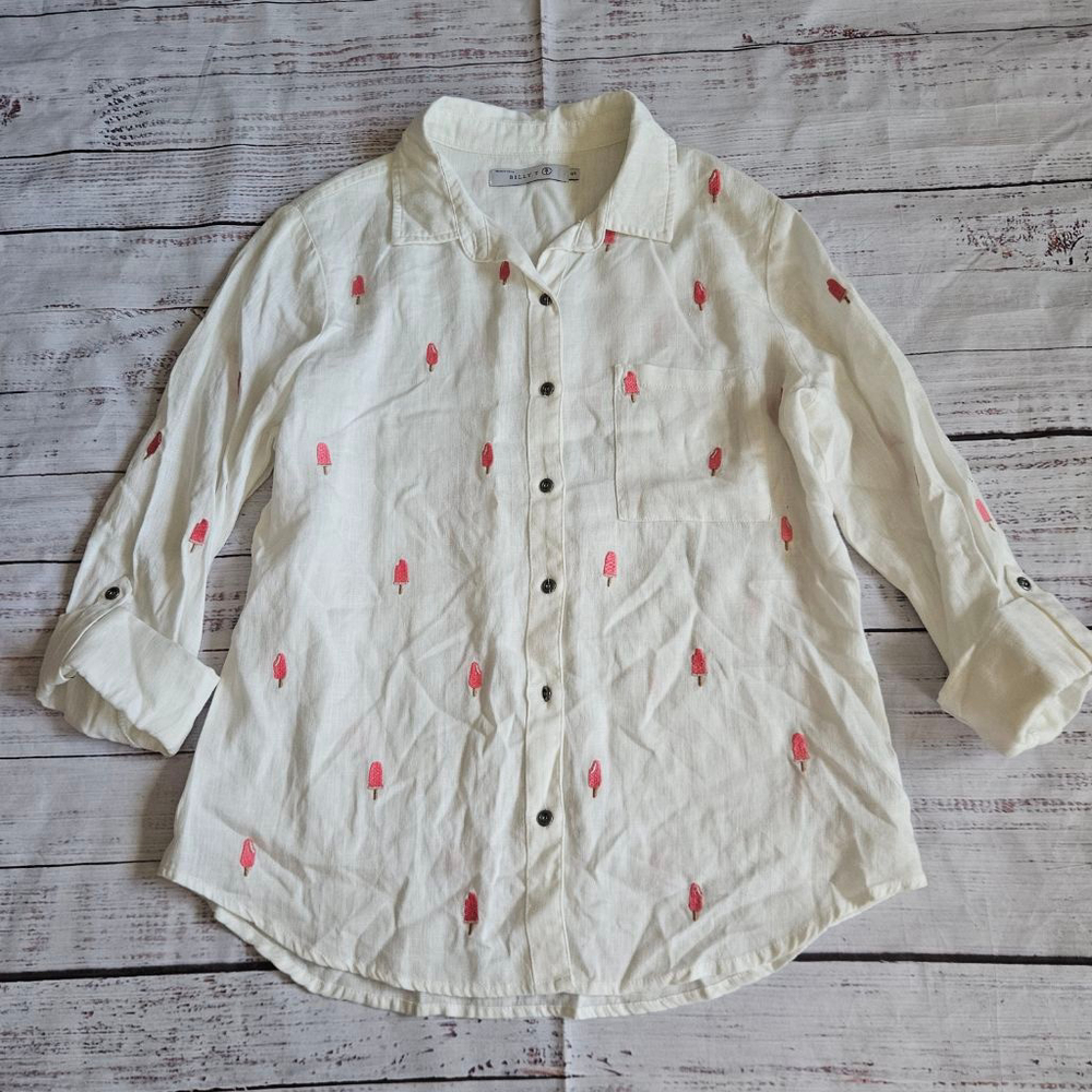 Billy T Linen Blend White Button Up Collared Popsicle Print Shirt Womens Small